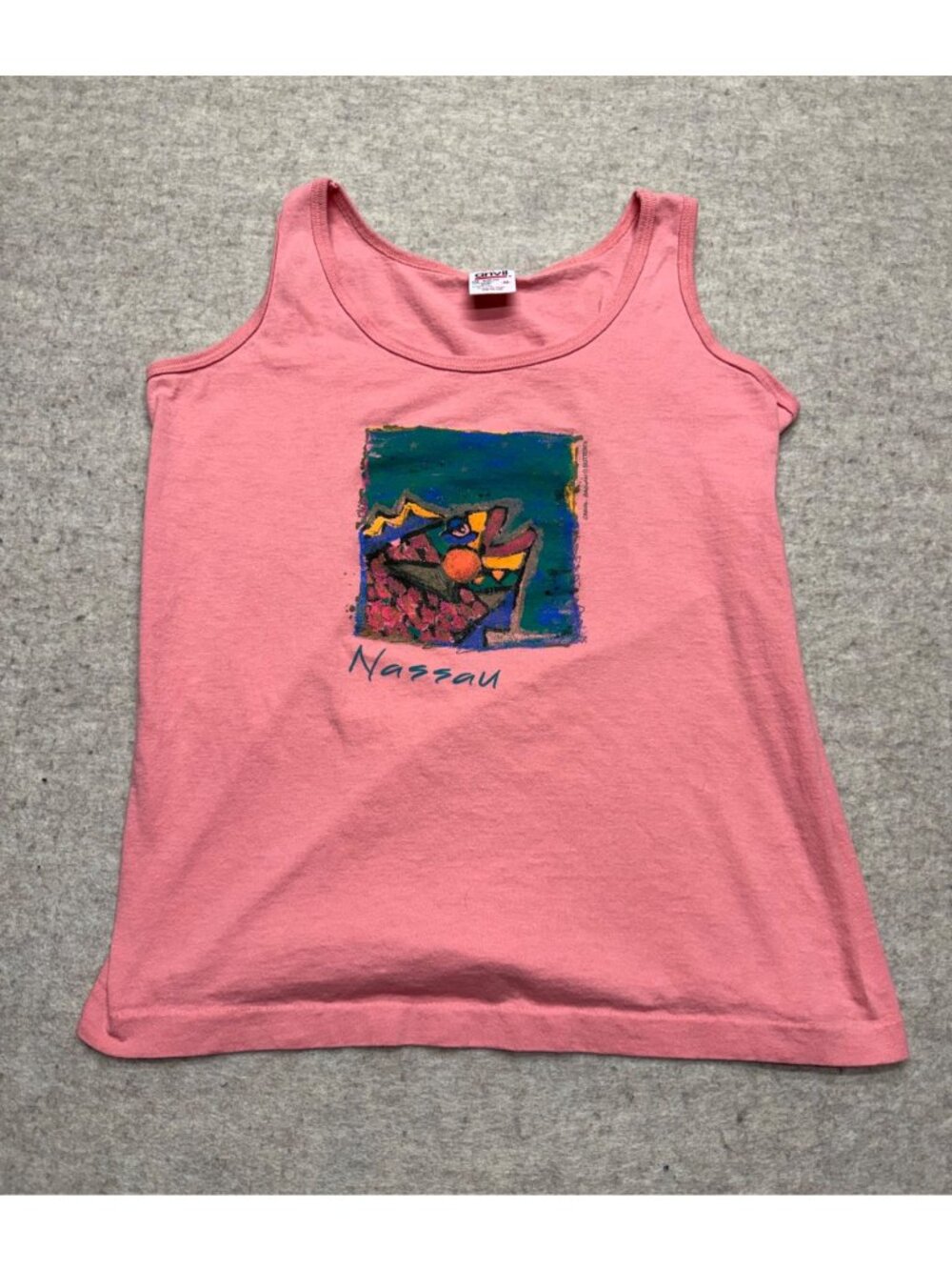 Vintage 90s Made In USA Nassau Bahamas Pink Tropical Fish Retro Tank Top Medium